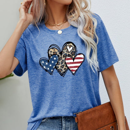 US Flag Leopard Heart Graphic Women Tee Shirt