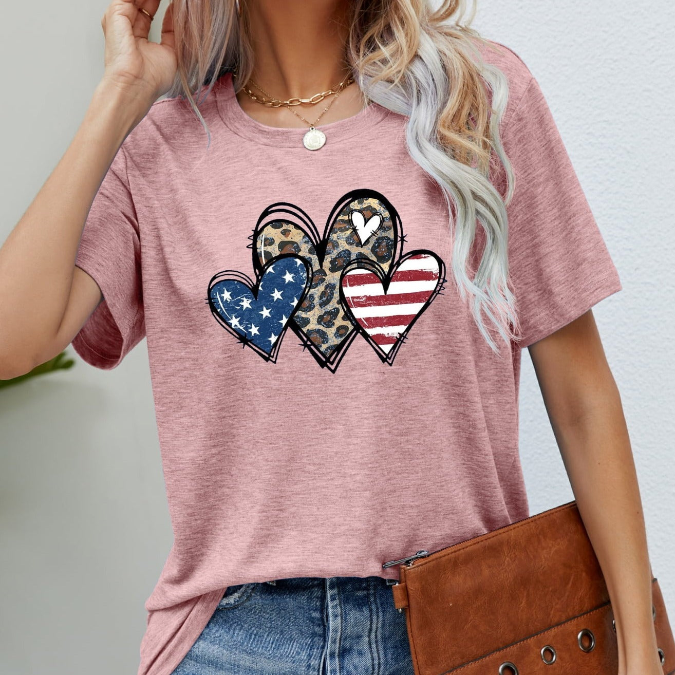 US Flag Leopard Heart Graphic Women Tee Shirt