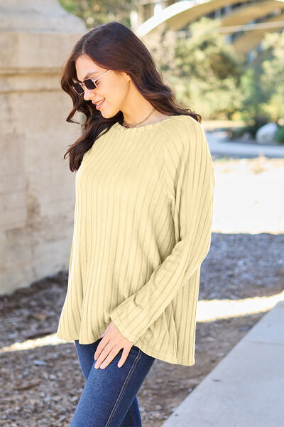 Basic Bae Full Size Ribbed Round Neck Long Sleeve Knit Women Top