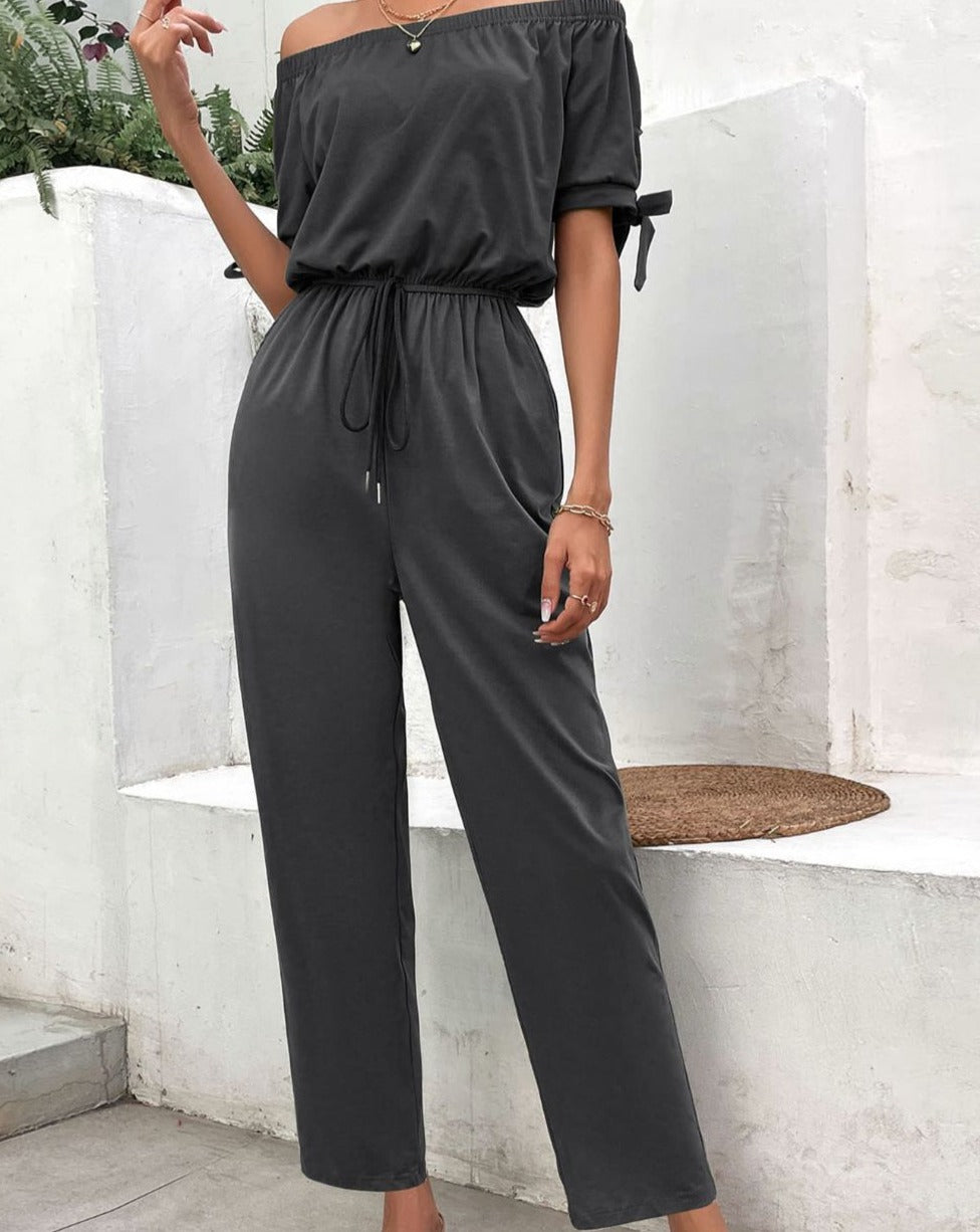 Off-Shoulder Tie Cuff Women Jumpsuit with Pockets