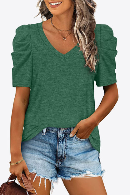 V-Neck Puff Sleeve Women T-Shirt