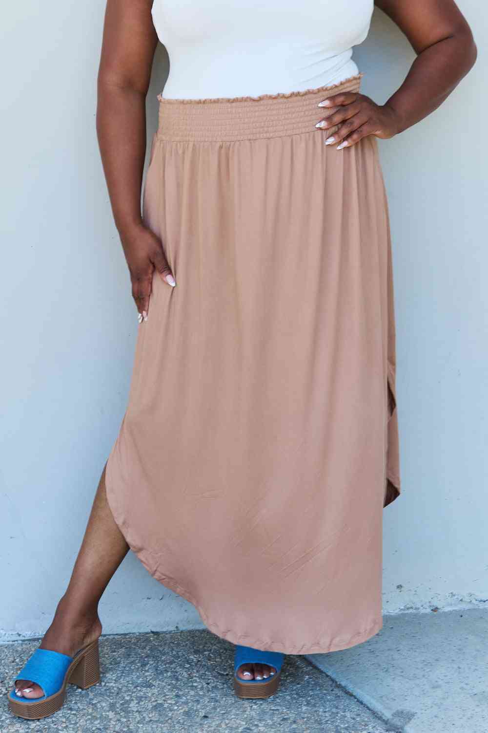 Doublju Comfort Princess Full Size High Waist Scoop Hem Women Maxi Skirt in Tan