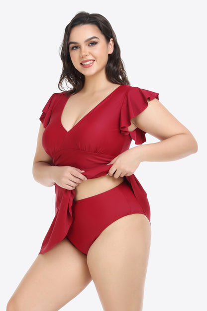 Plus Size Ruffled Plunge Swim Dress and Bottoms Set - Zara-Craft