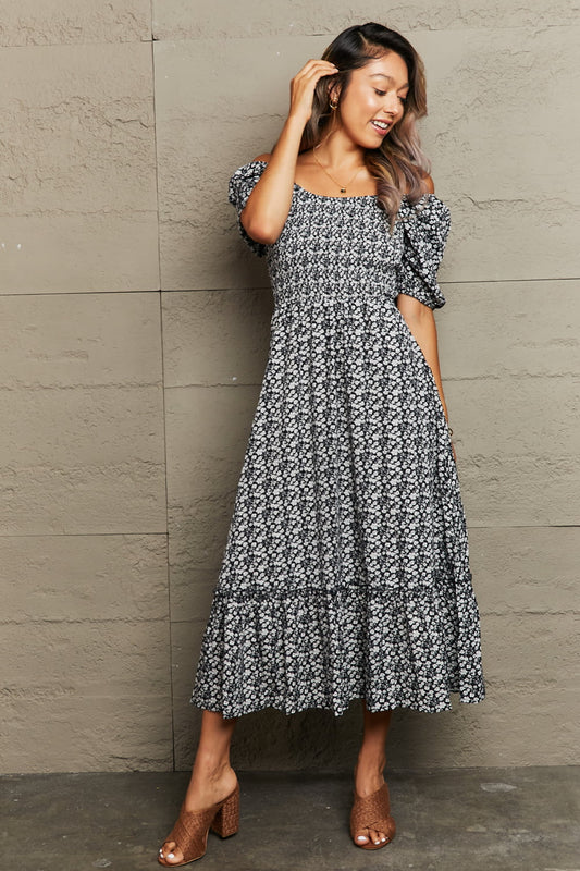 Floral Lace-Up Off-Shoulder Midi Women Dress