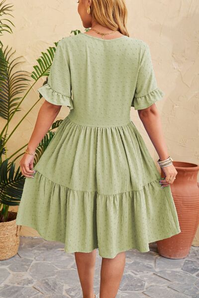 Swiss Dot Ruffled V-Neck Tiered Women Dress