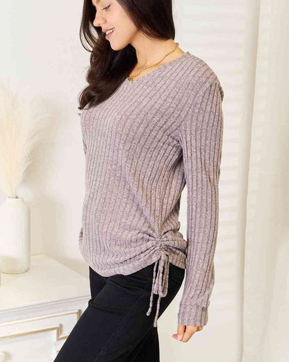 Double Take Drawstring Ribbed Long Sleeve Women T-Shirt