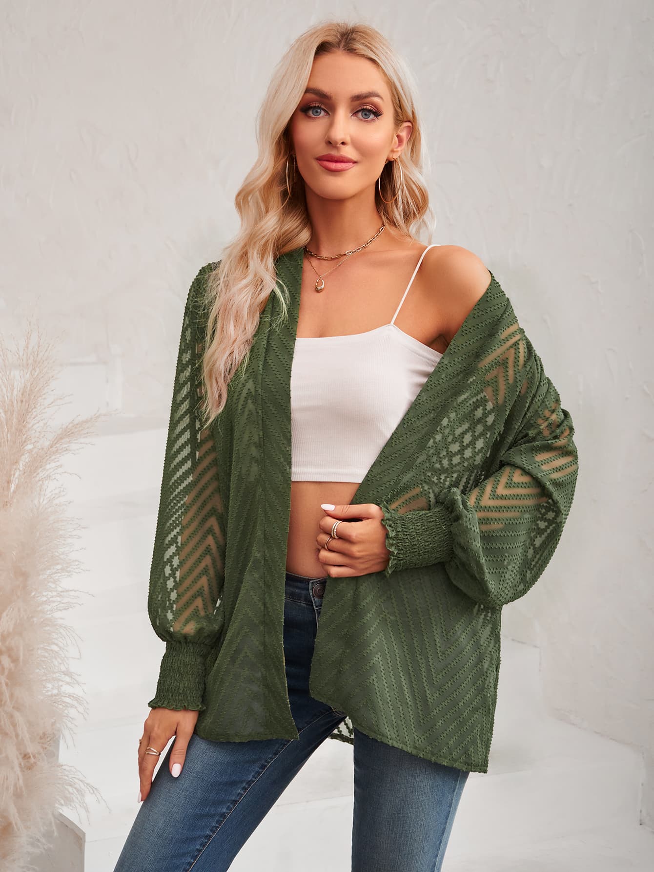 Lantern Sleeve Open Front Sheer Women Cardigan