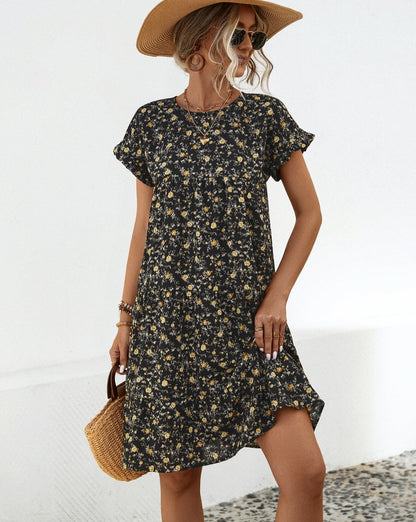 Frill Floral Round Neck Short Sleeve Tiered Women Dress