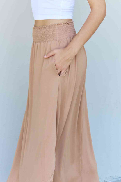 Doublju Comfort Princess Full Size High Waist Scoop Hem Women Maxi Skirt in Tan