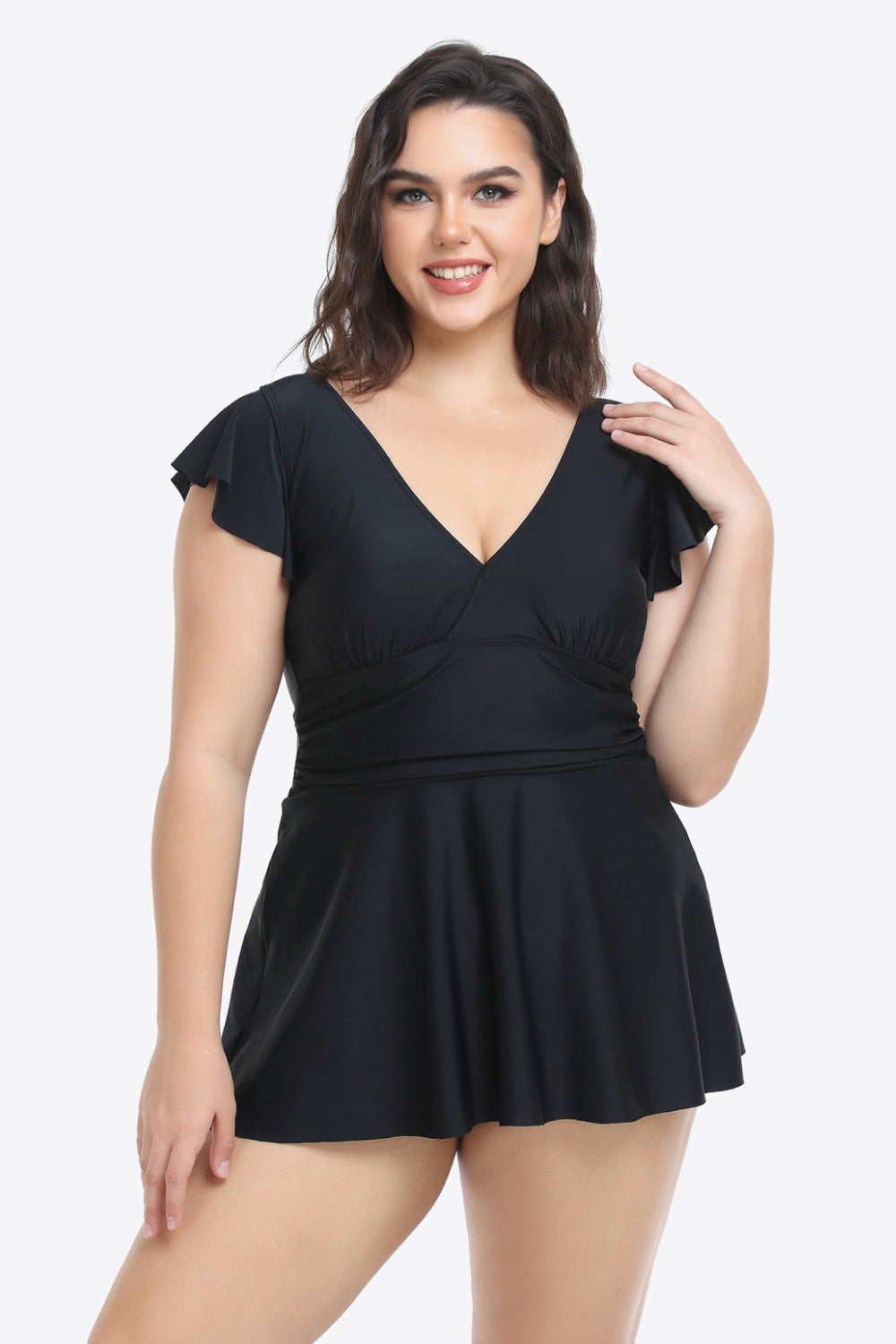 Plus Size Ruffled Plunge Swim Dress and Bottoms Set - Zara-Craft