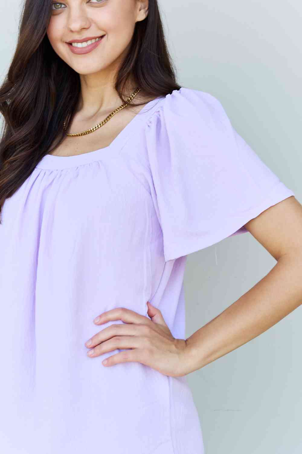 Ninexis Keep Me Close Square Neck Short Sleeve Women Blouse in Lavender