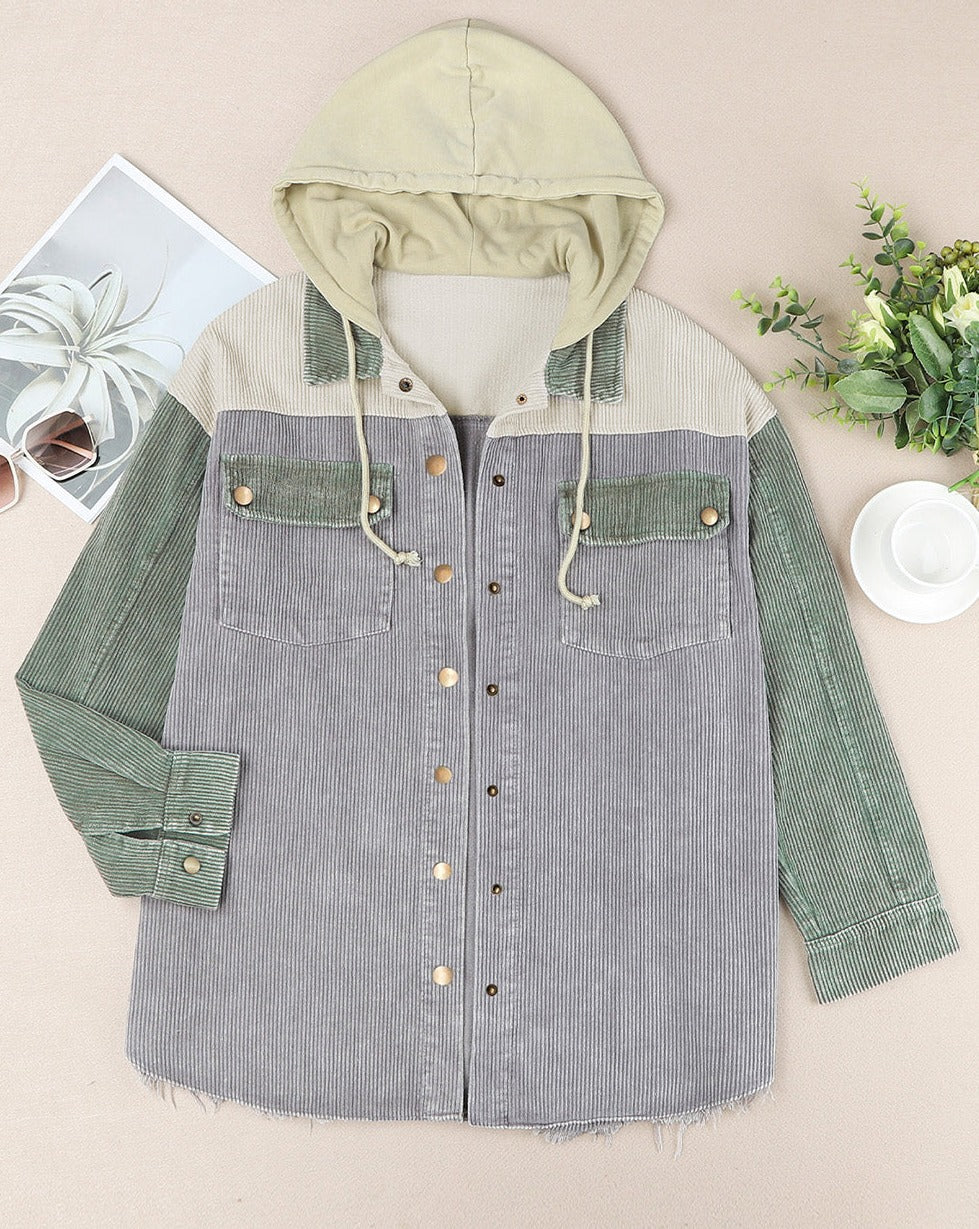 Womens Corduroy Shacket Jacket Long Sleeve Raw Hem Drawstring Button Down Casual Hooded Coat