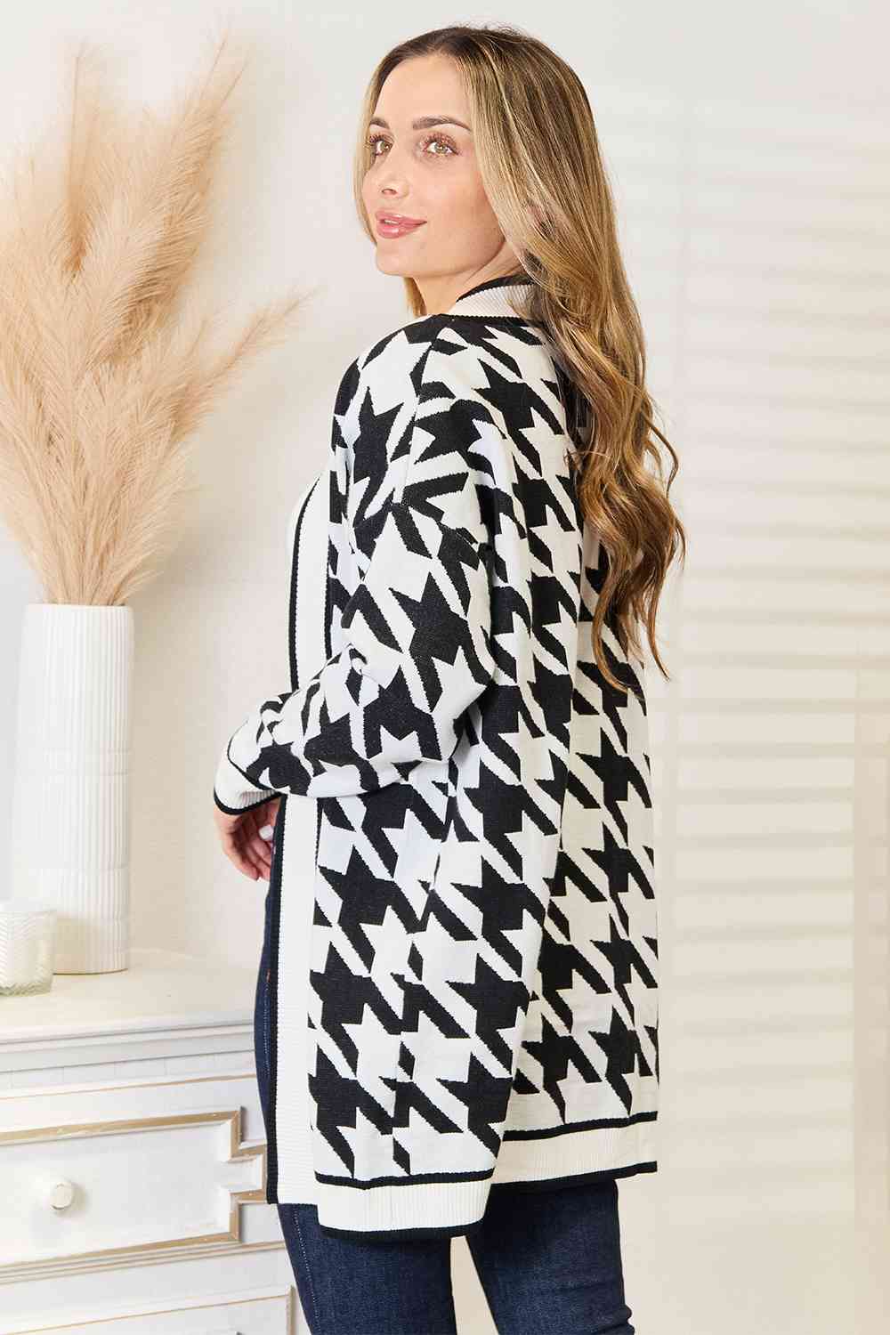 Mandy Woven Right Houndstooth Open Front Longline Women Cardigan