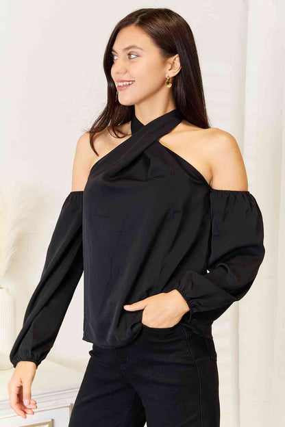 Double Take Grecian Cold Shoulder Long Sleeve Women Blouse