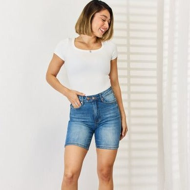 Judy Blue Full Size Tummy Control Double Button Bermuda Denim Women Shorts