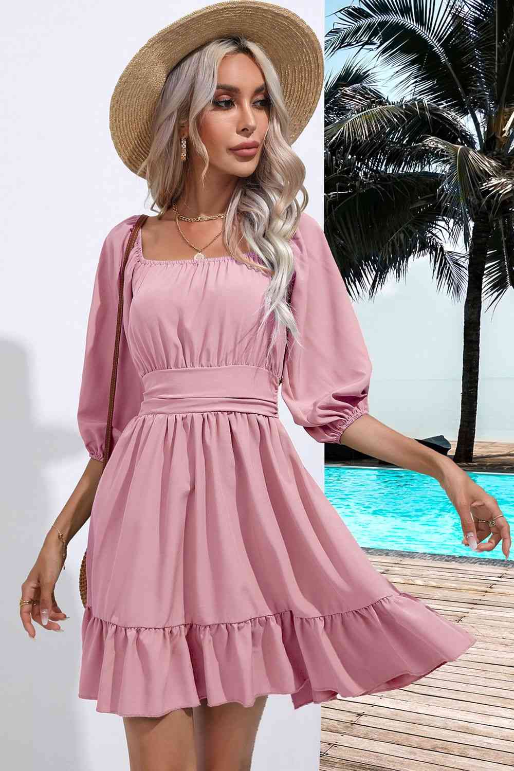 Square Necktie Back Ruffle Hem Women Dress