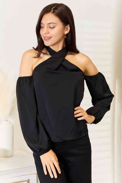 Double Take Grecian Cold Shoulder Long Sleeve Women Blouse