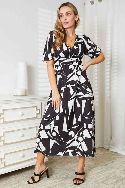 Double Take Printed Surplice Balloon Sleeve Women Dress