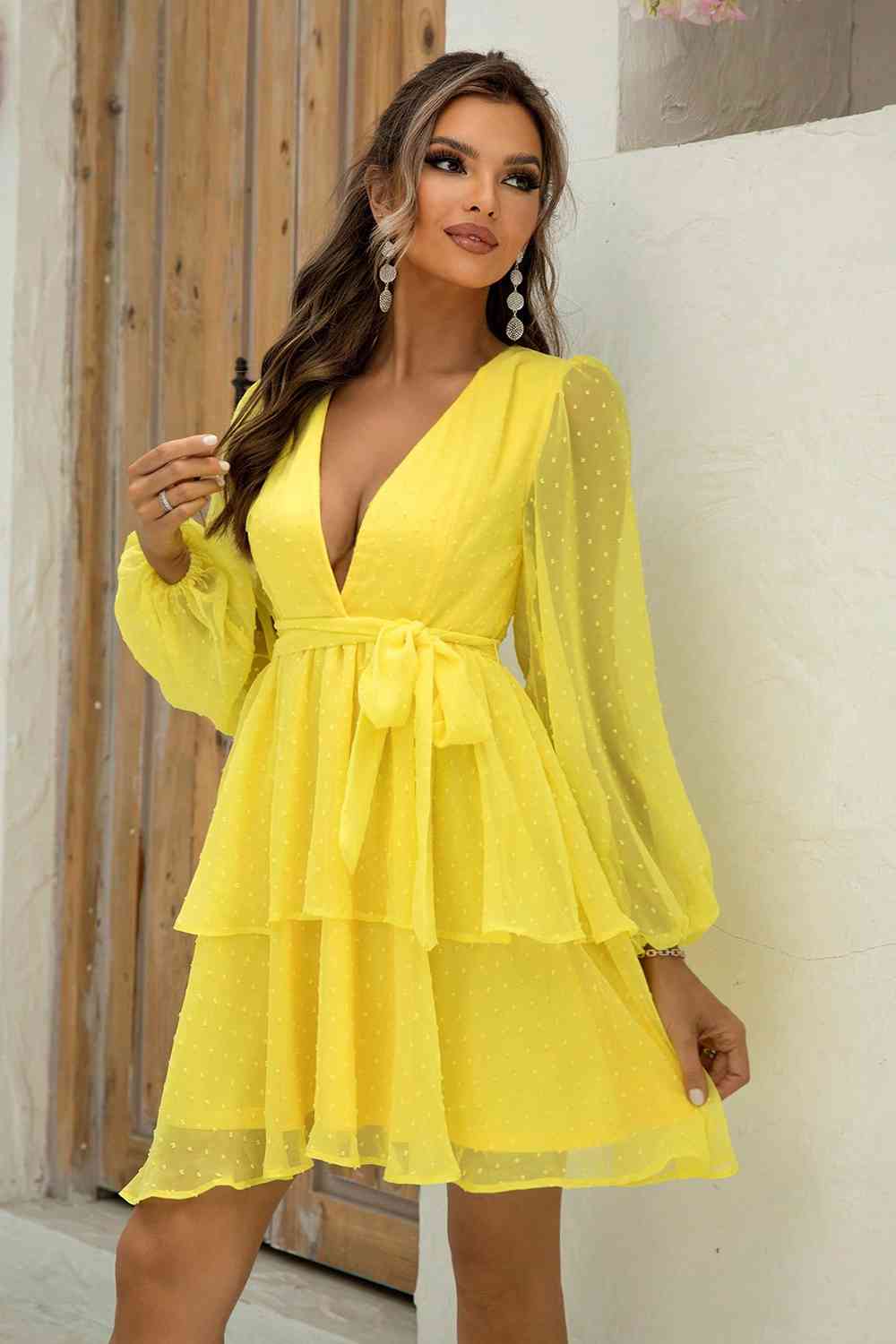 Tie Waist Balloon Sleeve Layered Women Dress