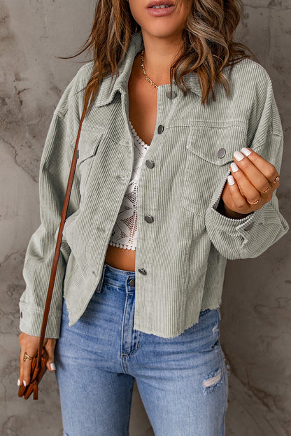 SYNZ Raw Hem Button Down Corduroy Women Jacket with Pockets