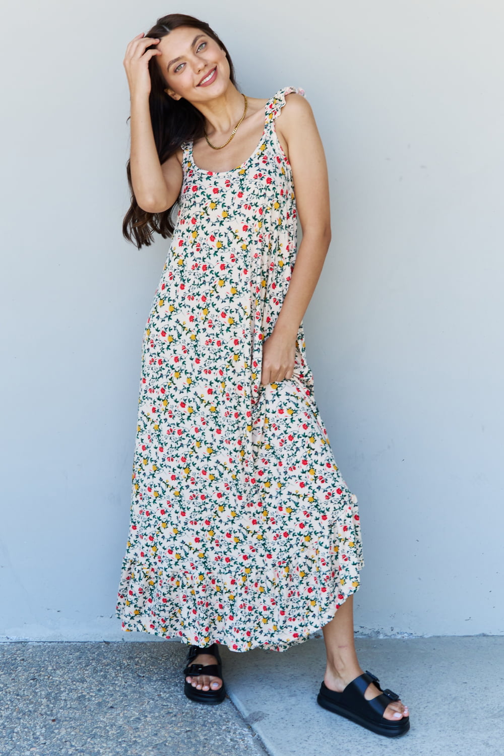 Doublju In the Garden Ruffle Floral Women Maxi Dress in Natural Rose