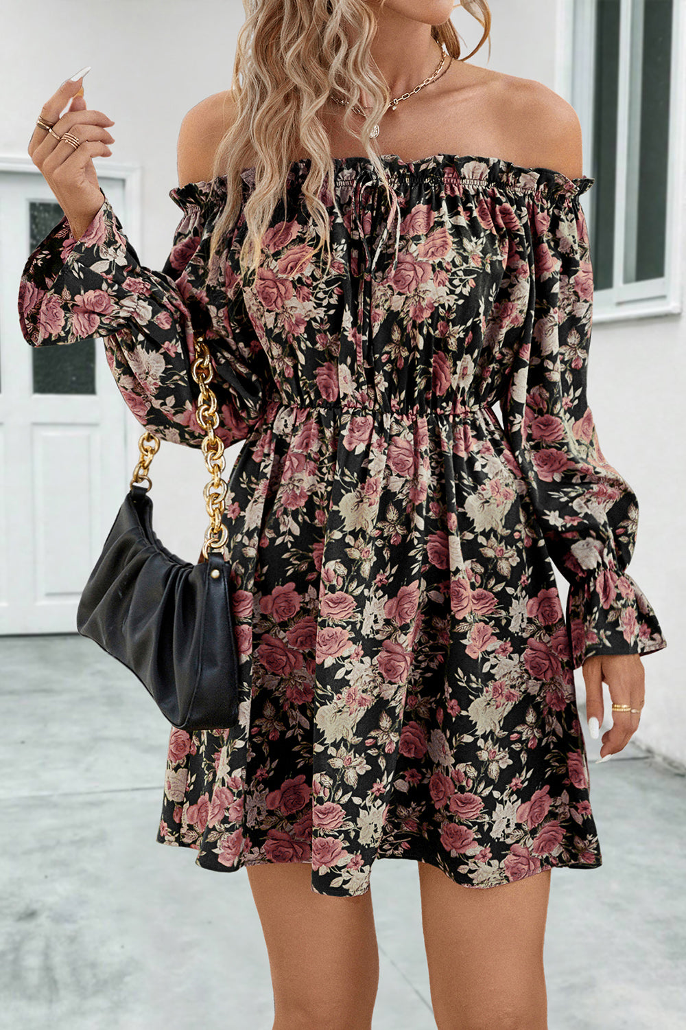 Floral Off-Shoulder Flounce Sleeve Women Dress