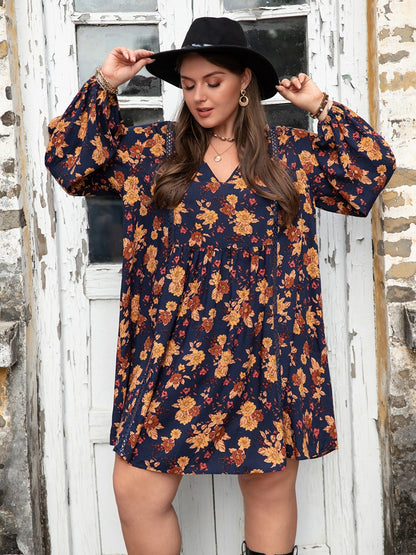 Plus Size Floral V-Neck Balloon Sleeve Women Dress