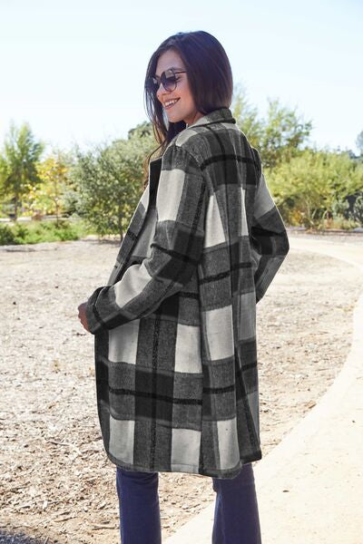 Double Take Full Size Plaid Button Up Lapel Women Collar Coat