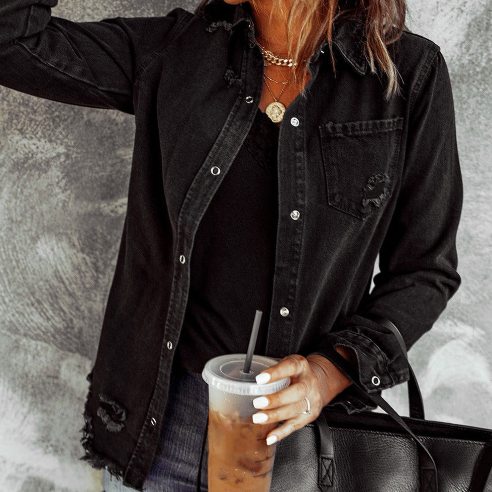 Distressed Snap Down Denim Women Jacket