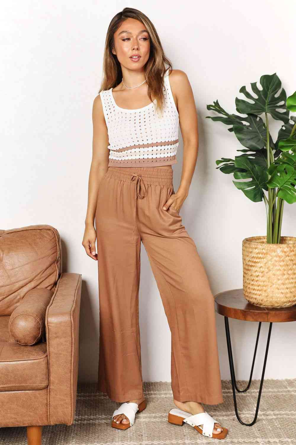 Double Take Drawstring Smocked Waist Wide Leg women Pants