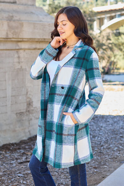 Double Take Full Size Plaid Button Up Lapel Women Collar Coat