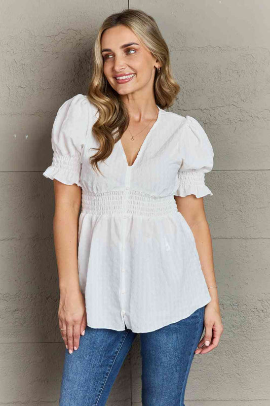 Culture Code Sweet Serenity Full Size V-Neck Puff Sleeve Button Down Women Top