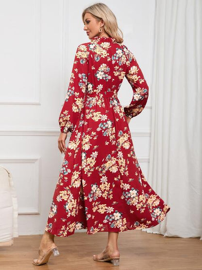 Floral Tie Front Balloon Sleeve Women Dress