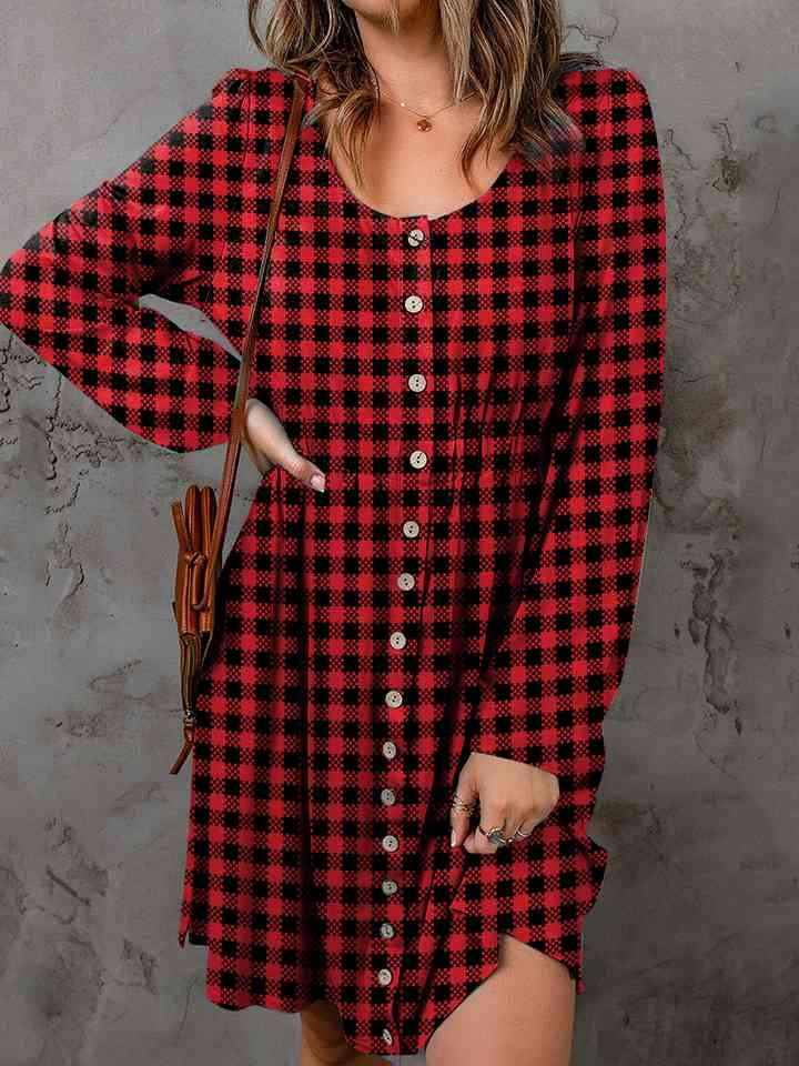 Double Take Full Size Plaid Round Neck Long Sleeve Magic Women Dress