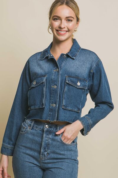 LOVE TREE Raw Hem Button Up Cropped Denim Women Jacket