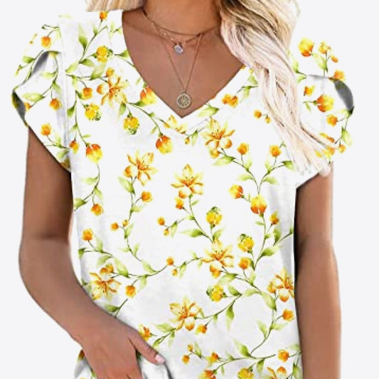 Printed Petal Sleeve V-Neck Women Blouse