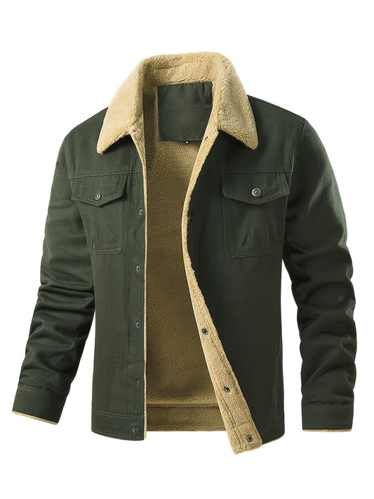 Men's Casual Warm Fleece Flap Pocket Jacket, Chic Cotton Button Up Jacket For Fall Winter