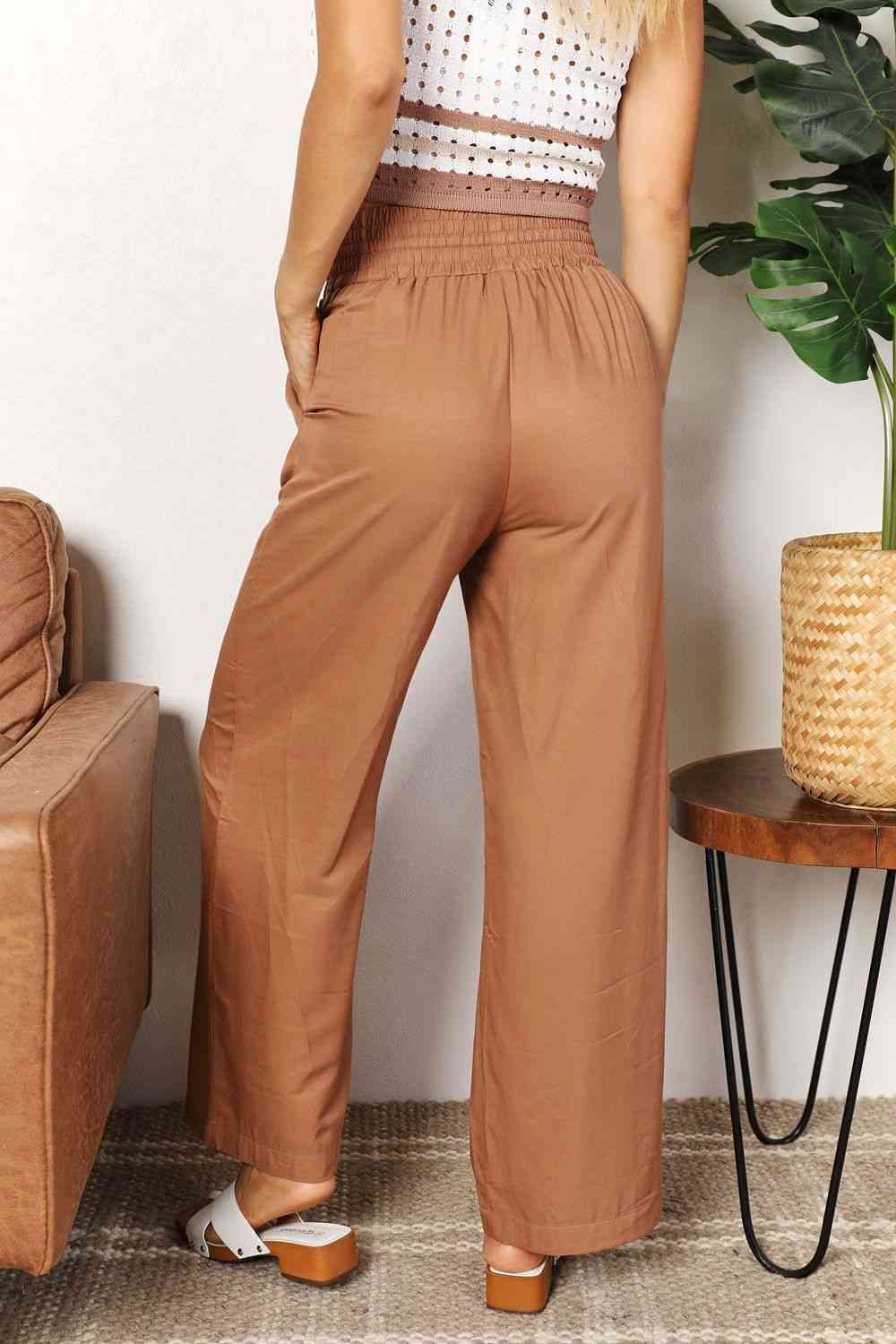 Double Take Drawstring Smocked Waist Wide Leg women Pants