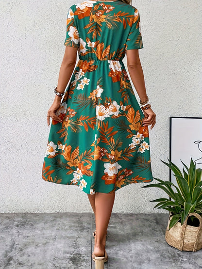 Floral Surplice Short Sleeve Women Dress