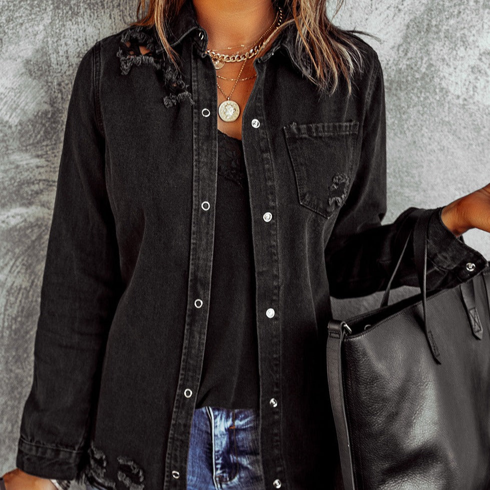 Distressed Snap Down Denim Women Jacket