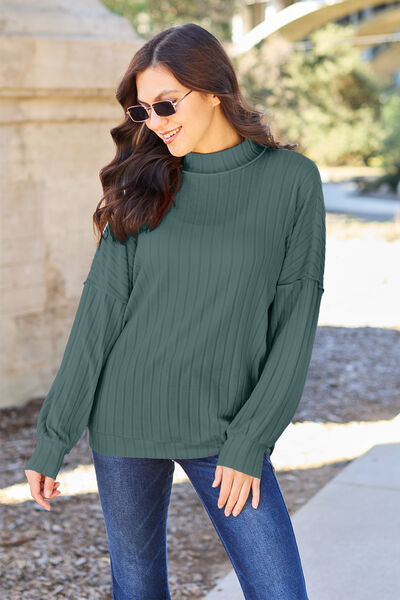 Basic Bae Full Size Ribbed Exposed Seam Mock Neck Knit Women Top