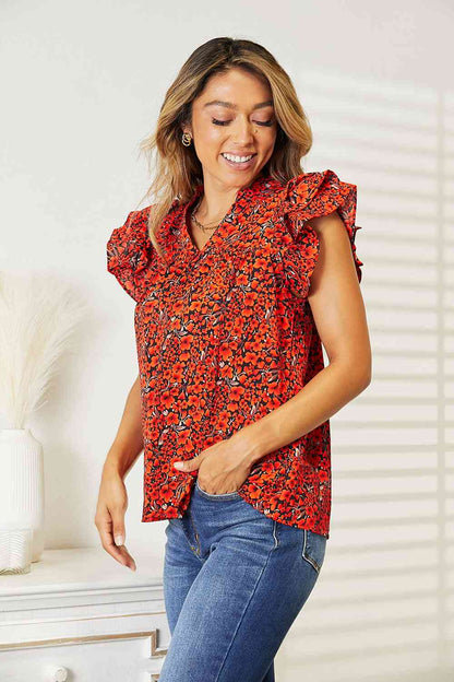 Double Take Floral Flutter Sleeve Notched Neck Women Blouse