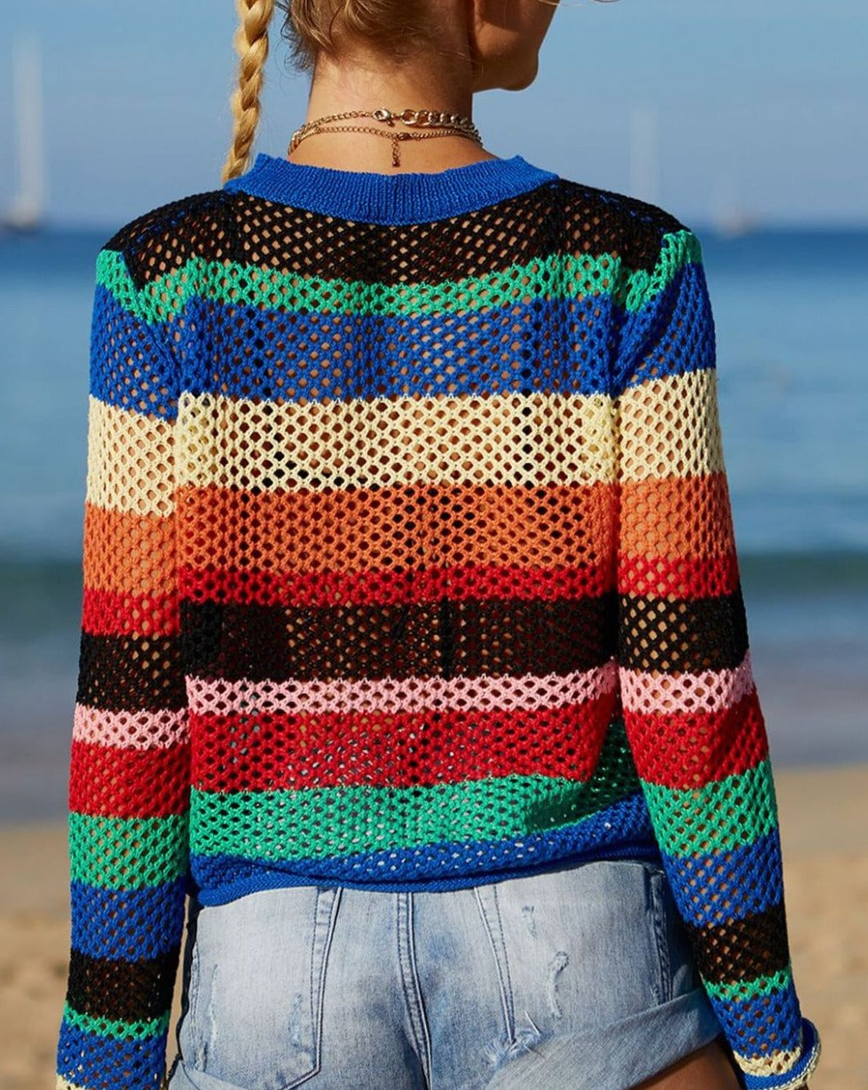 Rainbow Stripe Openwork Long Sleeve Cover-Up - Zara-Craft