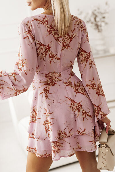 Printed Surplice Balloon Sleeve Women Mini Dress