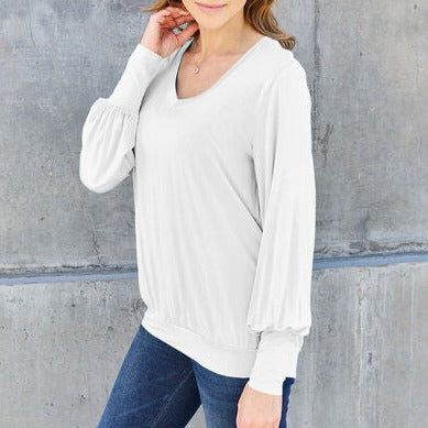 Basic Bae Full Size V-Neck Lantern Sleeve Women Blouse