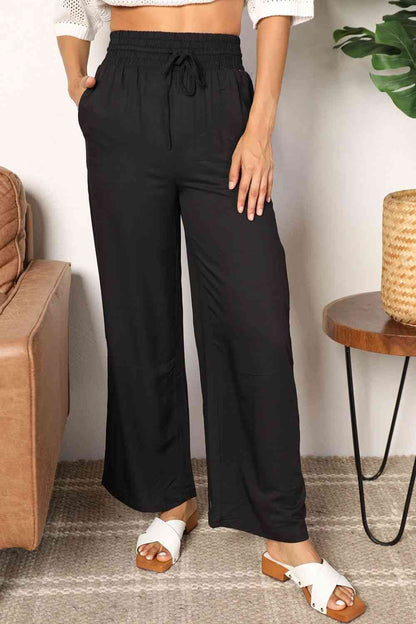 Double Take Drawstring Smocked Waist Wide Leg women Pants