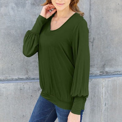 Basic Bae Full Size V-Neck Lantern Sleeve Women Blouse