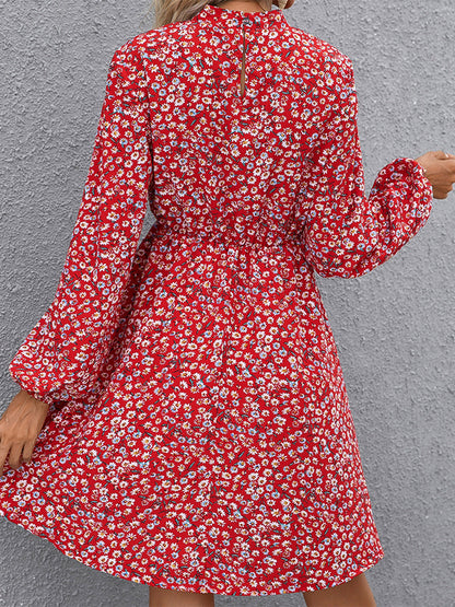 Floral Mock Neck Long Sleeve Women Dress