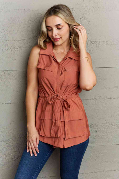 Ninexis Follow the Light Sleeveless Collared Button Down Women Top