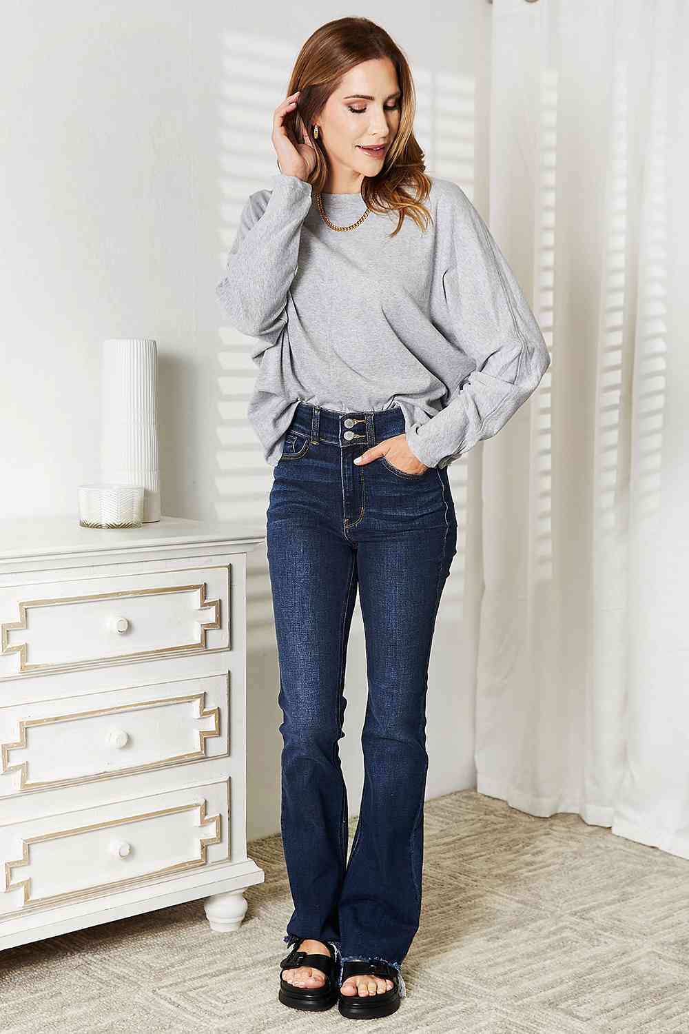 Double Take Seam Detail Round Neck Long Sleeve Women Top